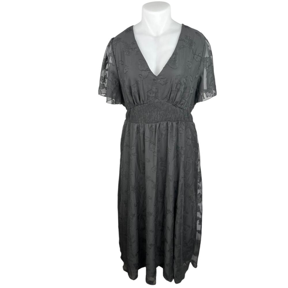 Simplee Black Embroidered Floral V-Neck Flutter Sleeve Midi A Line Dress Sz 3XL